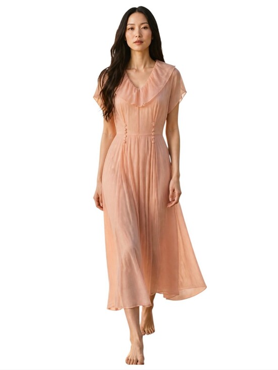 Nina Piccalino Dresses & Skirts - Vtg 80s Cottagecore Floral Button Front Midi Dress Peach Prairie DRESS 10 Ruffle